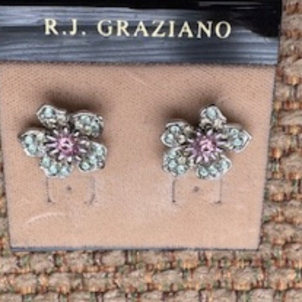 RJ Graziano pierced earrings-Flower shape, pale pink, green & yellow rhinestones